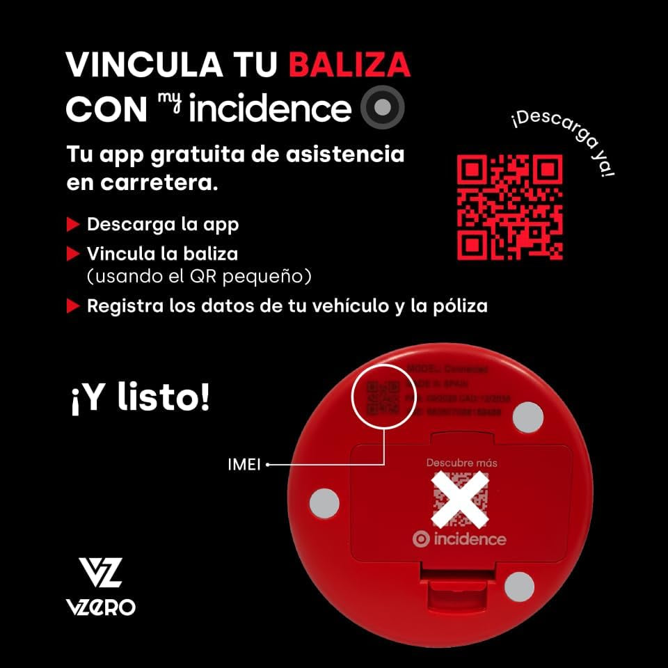 Vzero - Luz De Emergencia V16 Con Geolocalización, Señal Homologada Conectada Con DGT 3.0, Apta Para 2026, Baliza Para Coche Con Esim Incluida, Alta Potencia Y Sistema Eye Protect