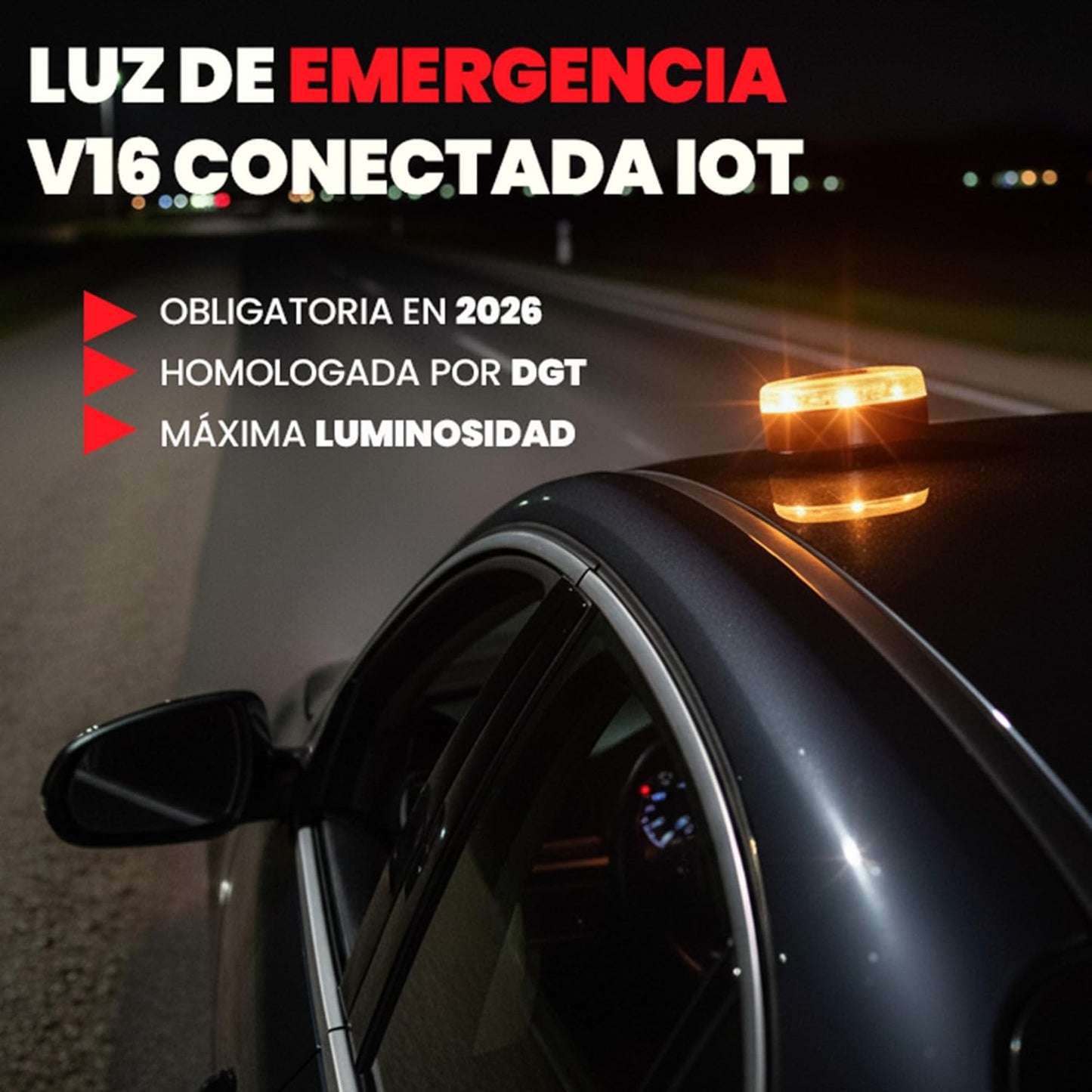Vzero - Luz De Emergencia V16 Con Geolocalización, Señal Homologada Conectada Con DGT 3.0, Apta Para 2026, Baliza Para Coche Con Esim Incluida, Alta Potencia Y Sistema Eye Protect